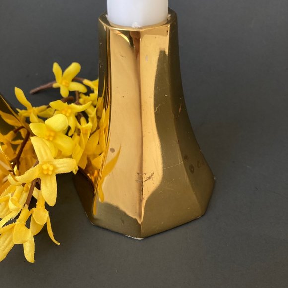 MCM Taper Candlestick Holders of Heavy Polished Brass Minimalistic Danish Design - Picture 6 of 16